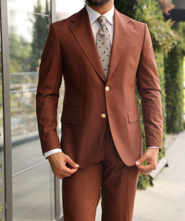 Railway End Tailored slim fit brick brown men's two piece suit with mono lapels With decorative gold buttons