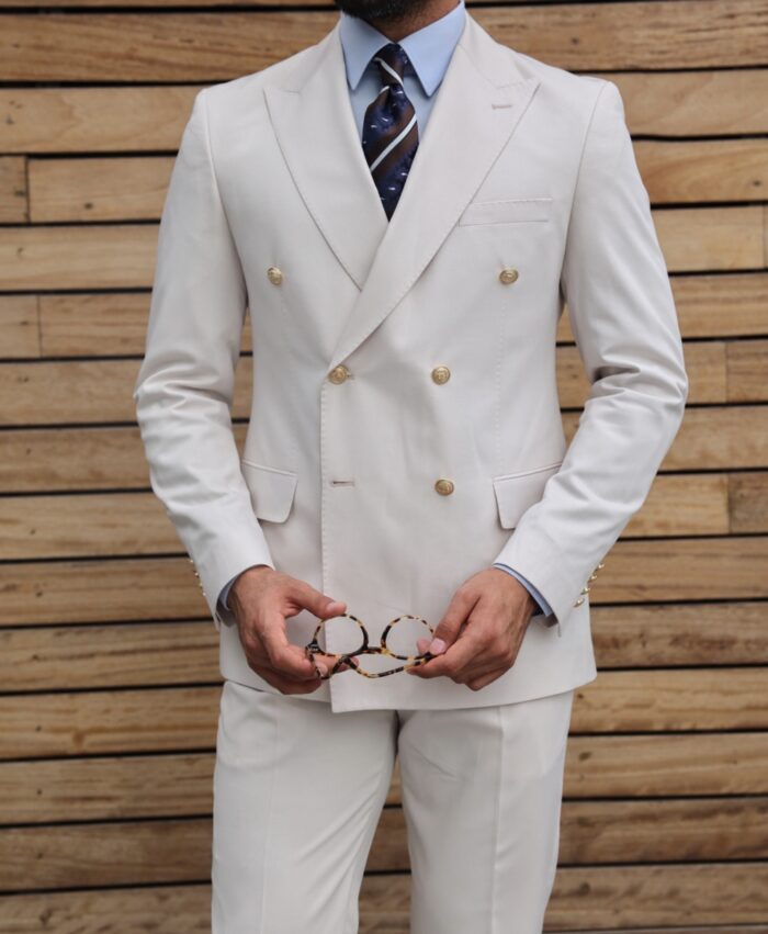 Chigwell ALL-CREAM DOUBLE-BREASTED MEN’S TWO-PIECE SLIM FIT SUIT WITH PEAK LAPELS WITH DECORATIVE GOLD BUTTONS