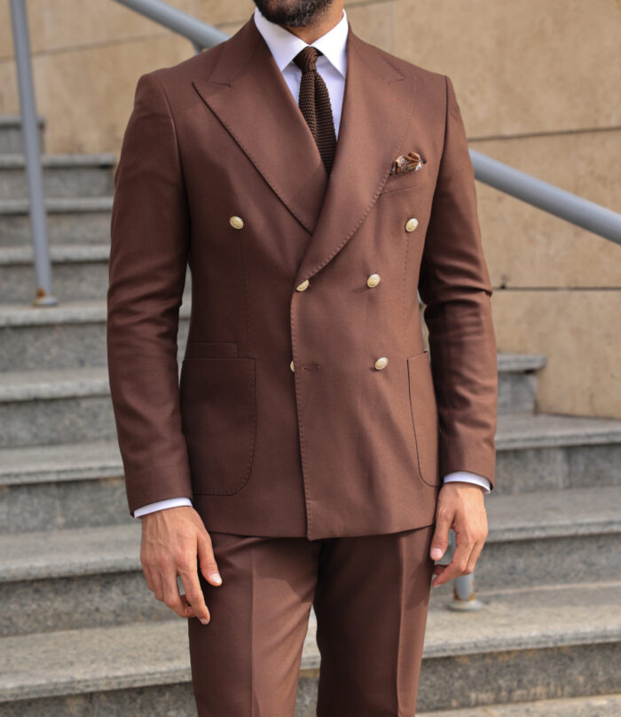 Spear End Slim fit chocolate brown double breasted  men's suit with peak lapels With decorative gold buttons