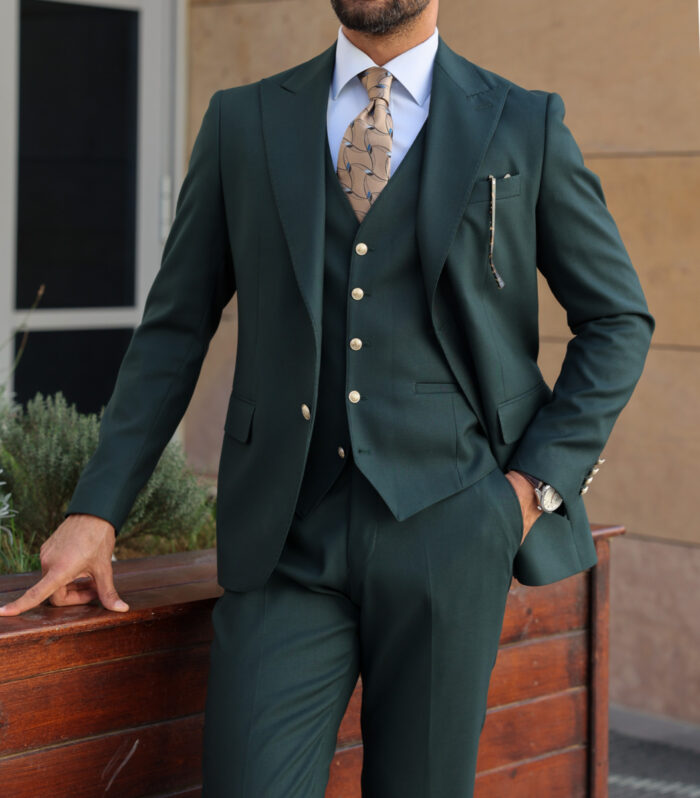 Cellars Road SLIM FIT PINE GREEN  MEN’S THREE PIECE SUIT WITH PEAK LAPELS WITH decorative gold buttons