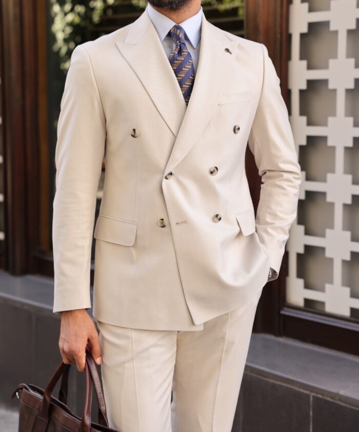 Epping Road slim fit cream double-breasted men’s two-piece suit with peak lapels