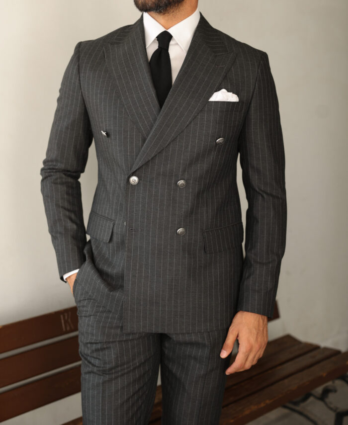 Fox’s Yard Tailored slim fit pinstripe dark grey men's double breasted suit with peak lapels With decorative gold buttons