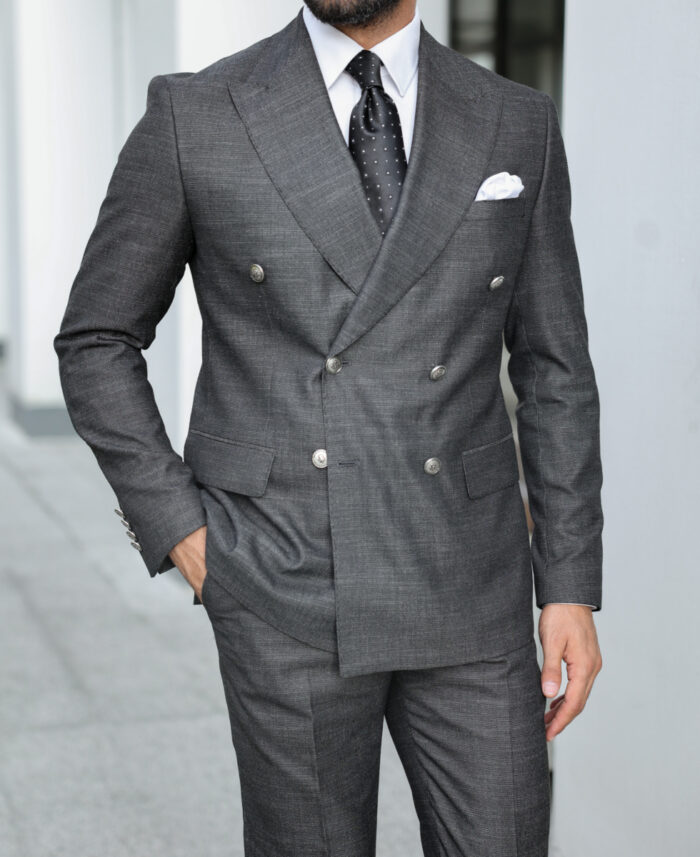 Freelance Court Tailored slim fit dark grey double breasted men's suit with peak lapels With decorative silver buttons
