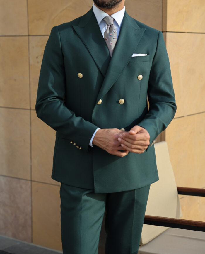 Hither Green TAILORED SLIM FIT PINE GREEN DOUBLE BREASTED MEN’S SUIT WITH DECORATIVE GOLD BUTTONS AND PEAK LAPELS