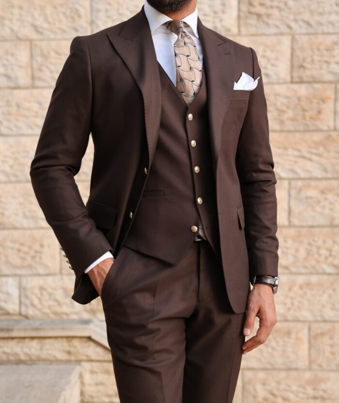 Kettle Close SLIM FIT CHOCOLATE BROWN THREE PIECE MEN’S SUIT WITH PEAK LAPELS with decorative gold buttons