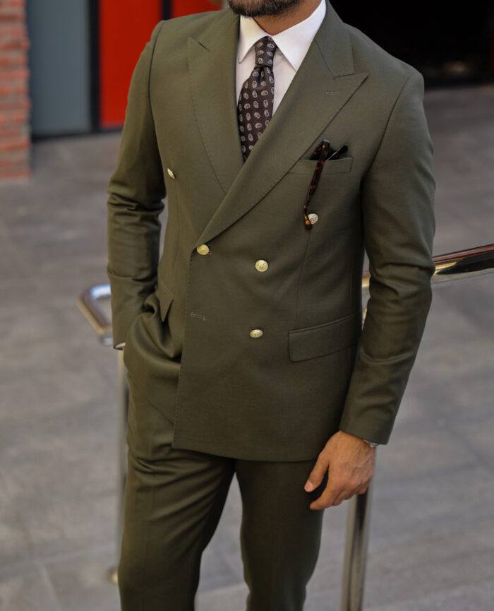 Morning Lane TAILORED SLIM FIT OLIVE GREEN DOUBLE BREASTED MEN’S SUIT WITH PEAK LAPELS decorative gold buttons