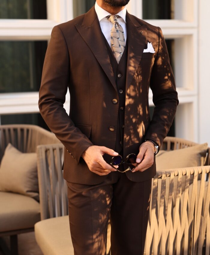 Senders Close Slim fit chocolate brown three piece men’s suit with peak lapels