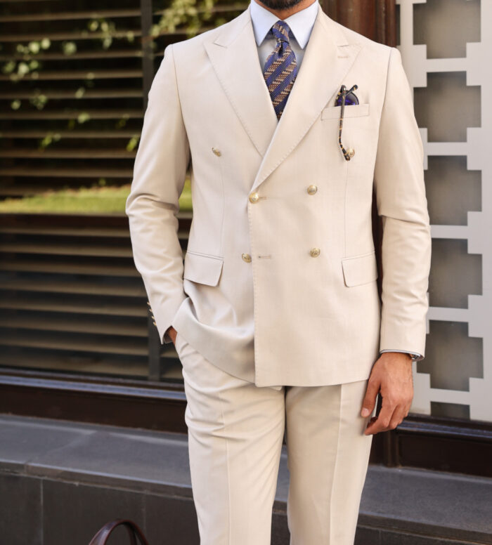 Sinclair Road All-cream double-breasted men’s two-piece slim fit suit with peak lapels With decorative gold buttons