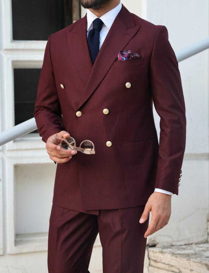 Stamford Rivers Tailored slim fit burgundy double breasted men's suit with peak lapels with decorative gold buttons