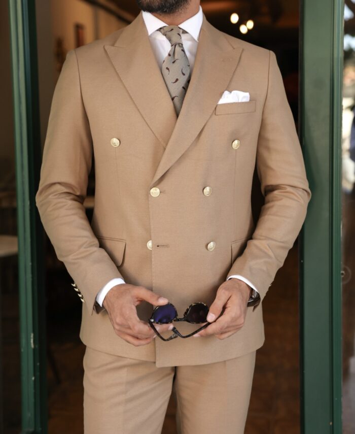 Staples End slim fit wheat cream double breasted men’s suit with peak lapels With decorative gold buttons
