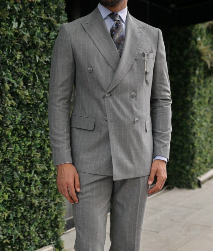 Sapphire Place Tailored slim fit mid grey  base baby blue pinstripe double breasted two piece suit with peak lapels