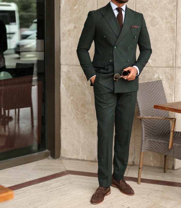 Branch End Tailored slim fit pine green pinstripe double breasted men's suit with peak lapels