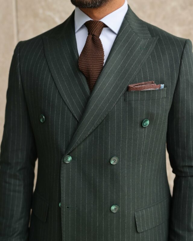 Branch End Tailored Slim Fit Pine Green Pinstripe Double Breasted Men's ...