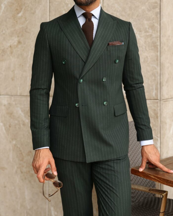 Branch End Tailored slim fit pine green pinstripe double breasted men's suit with peak lapels