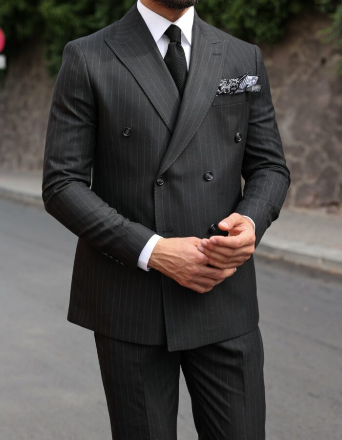 Fence Street Tailored slim fit pinstripe all black men's double breasted suit with peak lapels