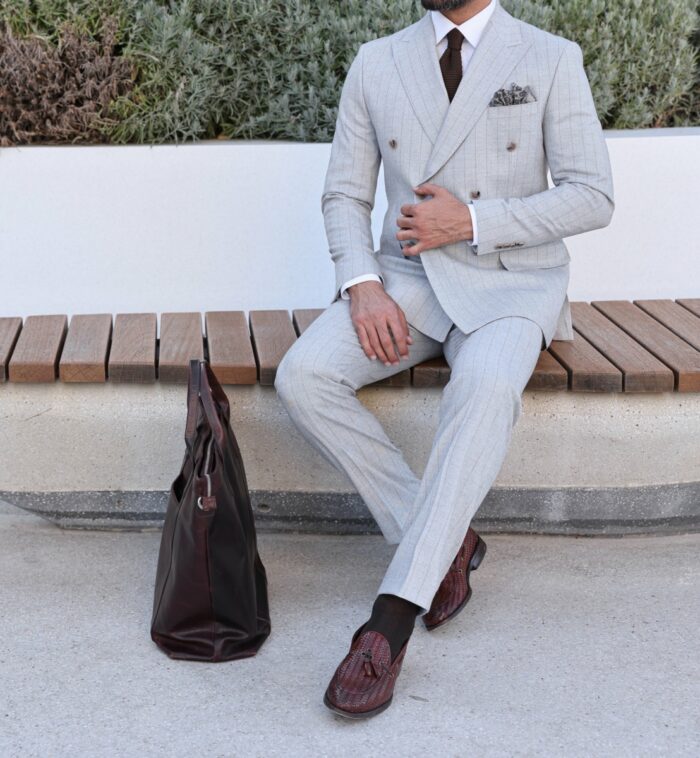 Tassels Close Tailored slim fit light grey with mocha pinstripe double breasted two piece suit with peak lapels