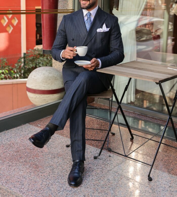 Log Lane TAILORED SLIM fit DARK NAVY BLUE BASE  WITH BLUE pinstripe double BREASTED men's SUIT