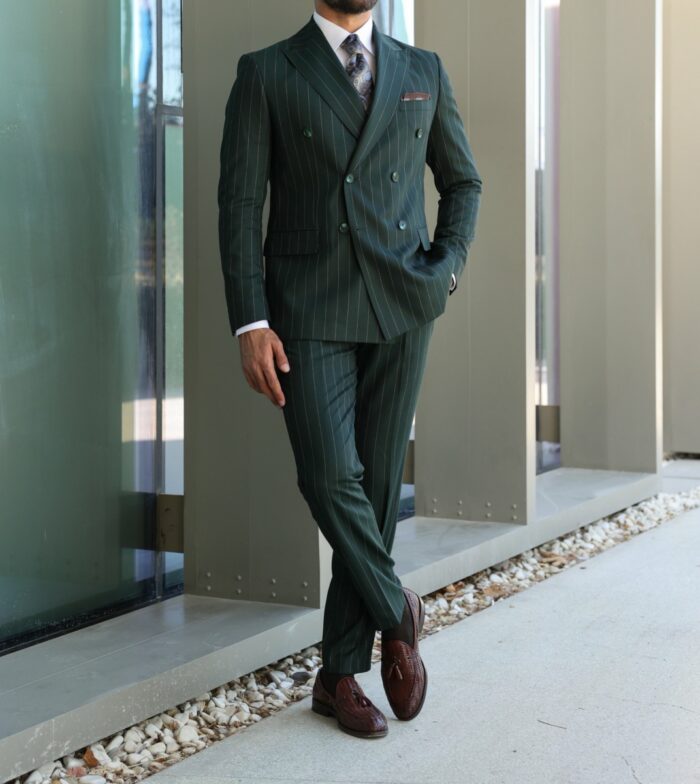 Clive End Tailored slim fit forest green double breasted pinstripe men's suit with peak lapels