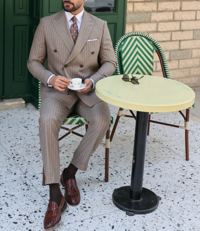 County Road SLIM FIT latte BROWN DOUBLE BREASTED TWO PIECE MEN’S SUIT WITH PEAK LAPELS