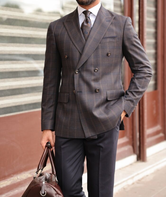 Bowater Road SLIM FIT BROWN CHECKED WITH FINE BLUE LINES  WITH BLACK TROUSERS DOUBLE BREASTED MIX COMBINED MEN’S SUIT WITH PEAK LAPELS