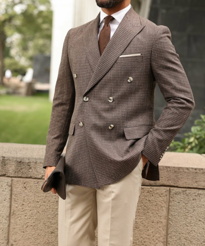 Bridge Place SLIM FIT BROWN checked with cream trousers mixed combined DOUBLE BREASTED MEN’S SUIT WITH PEAK LAPELS