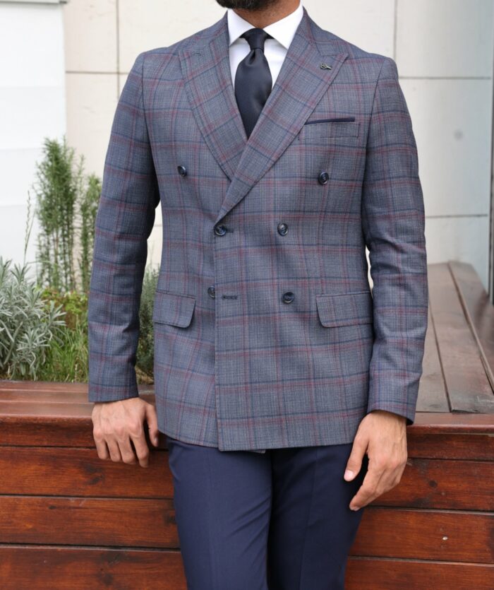 Manor Way Slim fit steel blue checked with red fine lines  double breasted and navy blue trousers men's suit with peak lapels