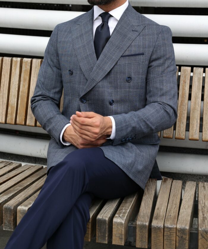 Lees Place Slim fit navy paired with navy trousers  mixed double breasted men’s suit with peak lapels