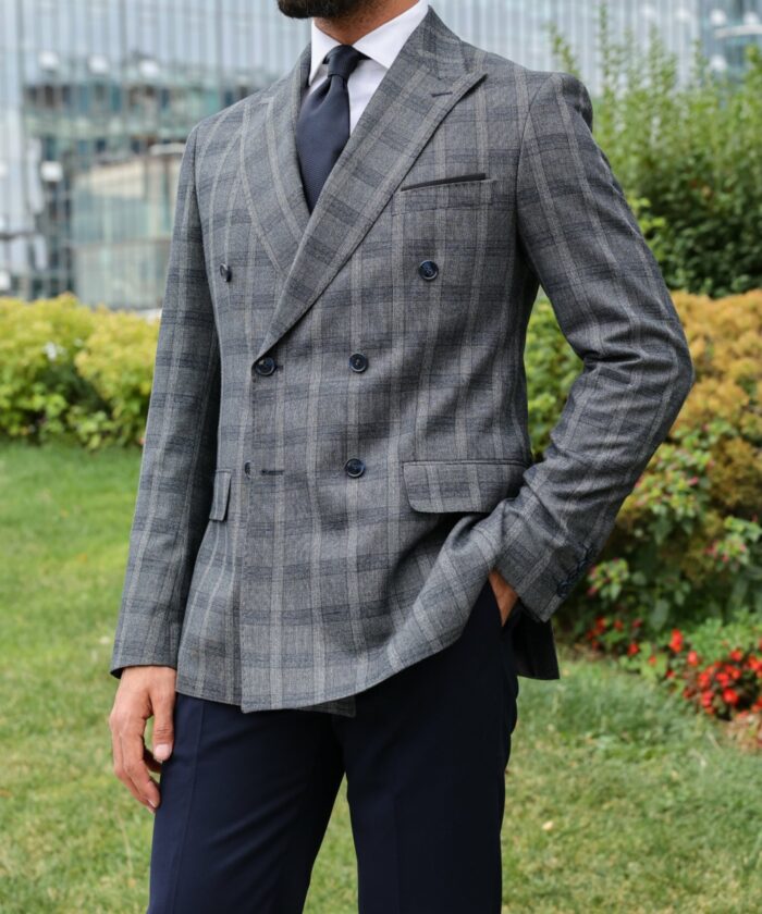Maze Hill Slim fit grey with fine navy lines and navy trousers  mixed double breasted men’s suit with peak lapels
