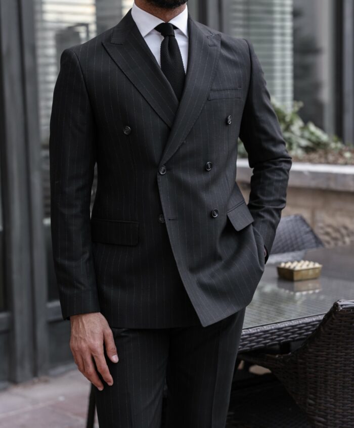 Dimmers Road TAILORED SLIM FIT ALL BLACK PINSTRIPE DOUBLE BREASTED MEN’S SUIT