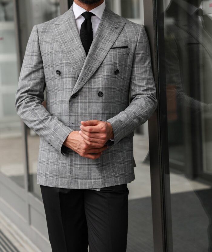 Hills Place Slim fit light grey squared checked with black trousers double breasted  men's suit with peak lapels