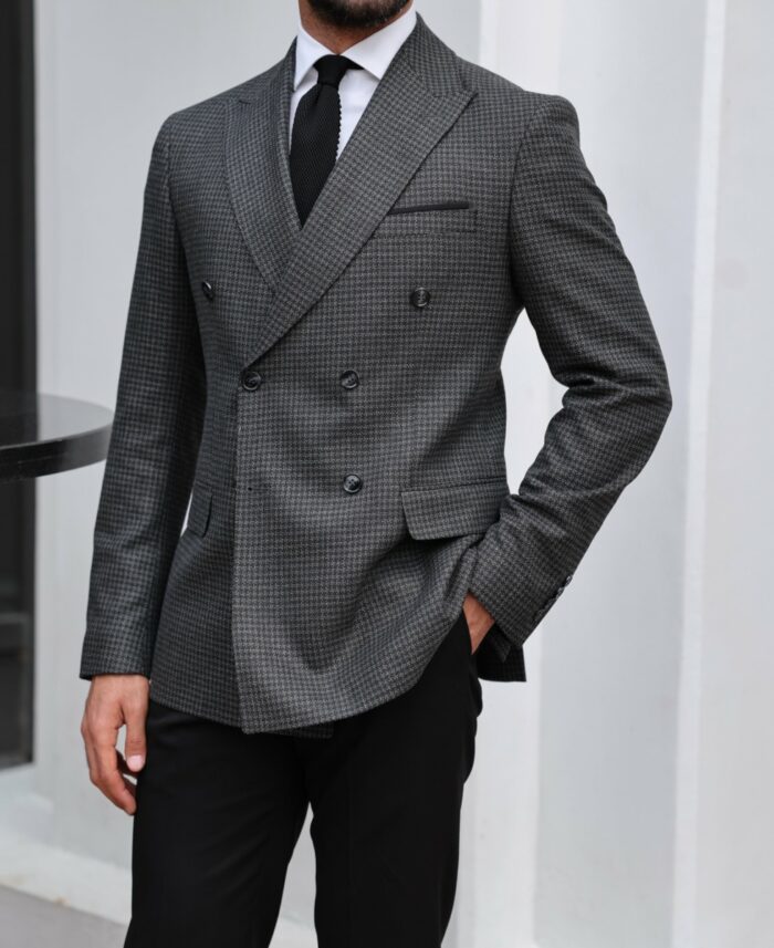 Kelsey Park Road Slim fit grey and black mixed double breasted two piece men's suit with peak lapels