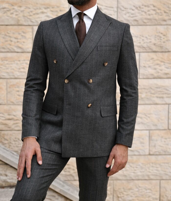 Stones Close Tailored slim fit BROWN pinstripeDARK GREY BASE men's double breasted suit with peak lapels
