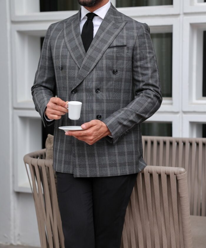 Orme Road Slim fit grey with very fine brown lines  with black trousers double breasted  men's suit with peak lapels