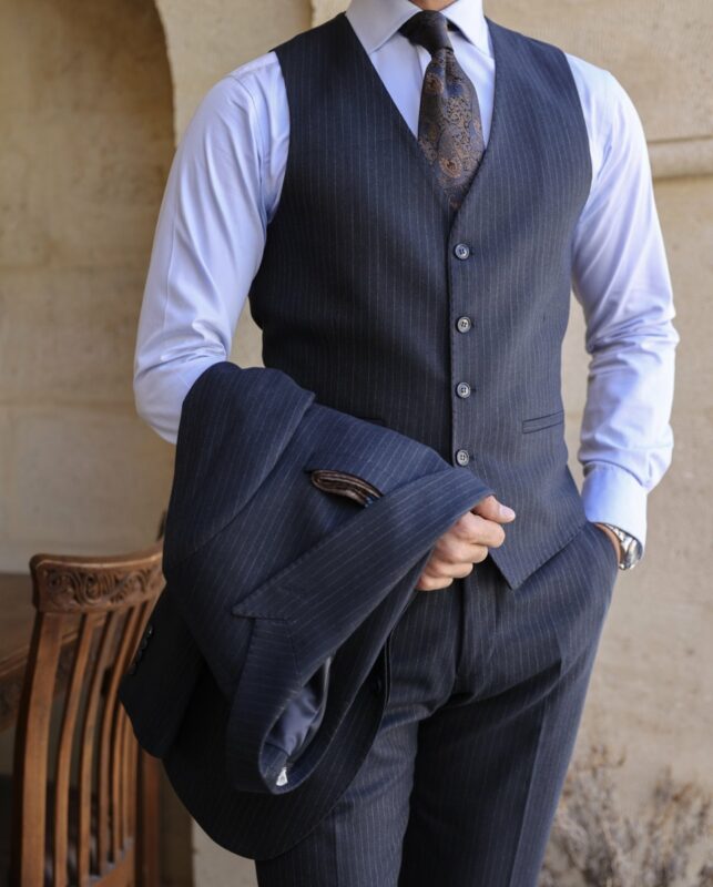 Russel Square TAILORED SLIM FIT DARK NAVY BLUE PINSTRIPE THREE PIECES ...