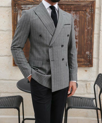 Opal Street Slim fit grey and black checked with black trousers double breasted  men's suit with peak lapels