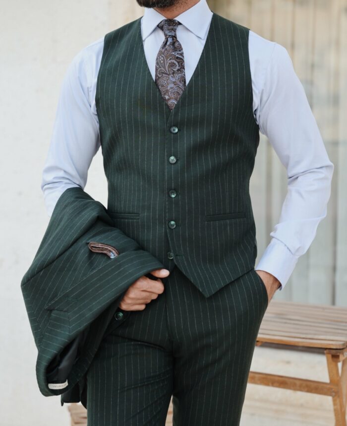 Canary Wharf Tailored Slim Fit Forest Green Three Piece Pinstripe Men's ...