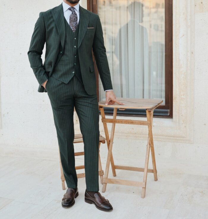 Canary Wharf Tailored Slim Fit Forest Green Three Piece Pinstripe Men's ...