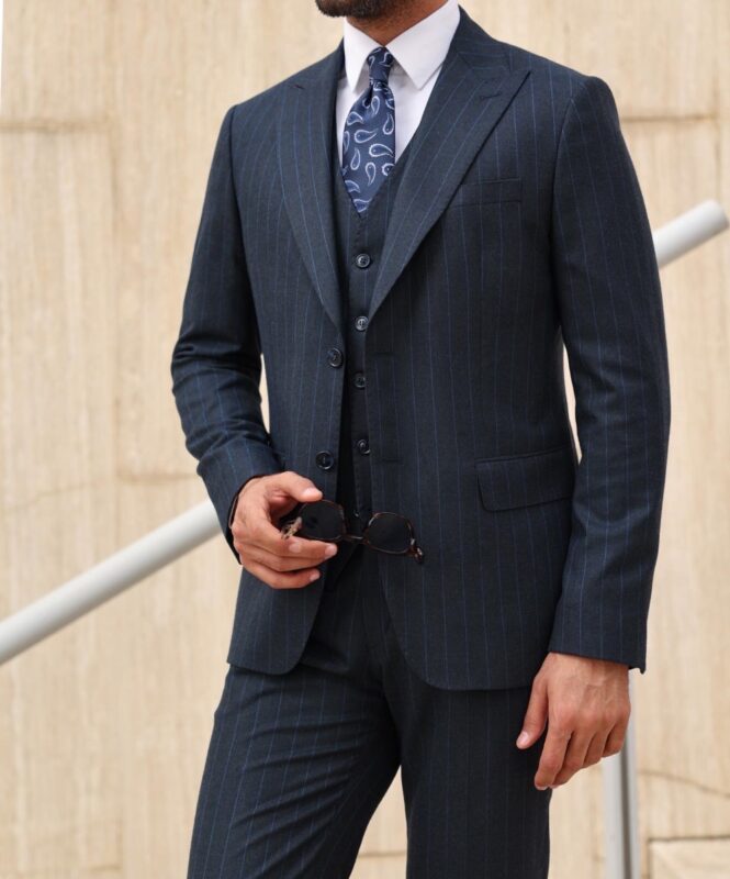 Regency Street TAILORED SLIM FIT DARK NAVY BLUE WITH FINE BLUE LINES ...