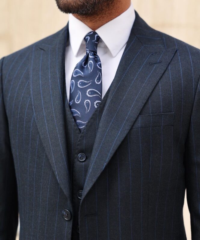 Regency Street TAILORED SLIM FIT DARK NAVY BLUE WITH FINE BLUE LINES ...