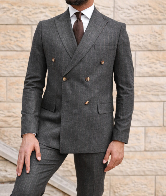 Ming Street Tailored slim fit dark grey with brown lines pinstripe men's double breasted suit with peak lapels