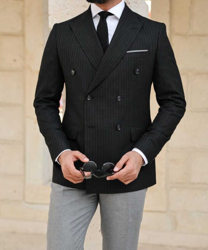 Jubilee Place Slim fit double breasted black pinstriped with grey trousers  men's suit with peak lapels