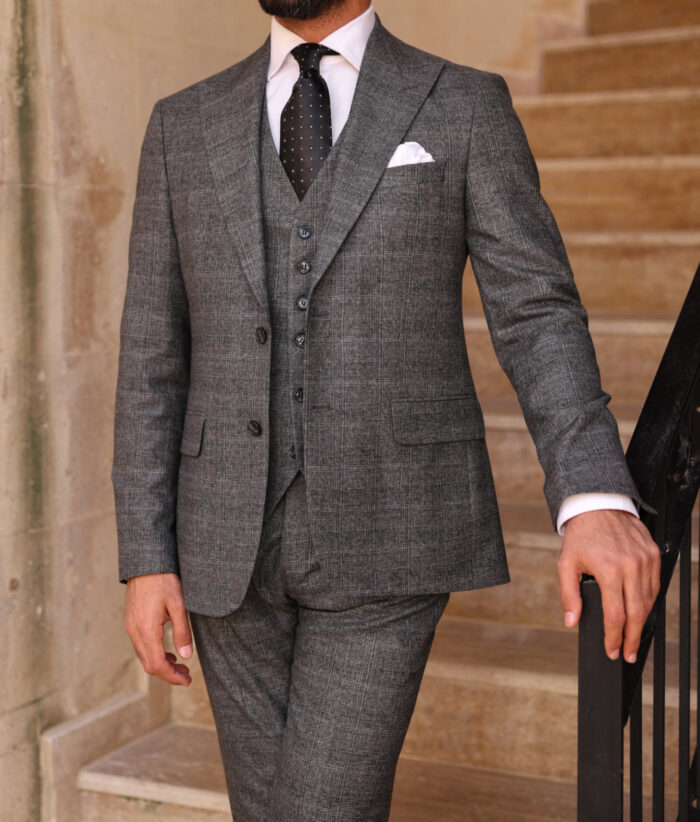 Acton Lane Slim fit mid grey checked men's three piece suit with peak lapels