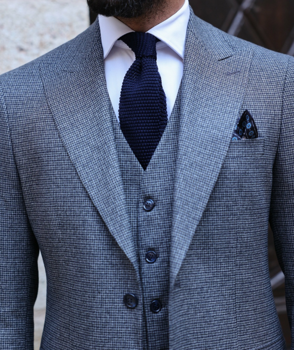 Fitters End Slim Fit Grey And Navy Mix Checked Men's Three Piece Suit ...