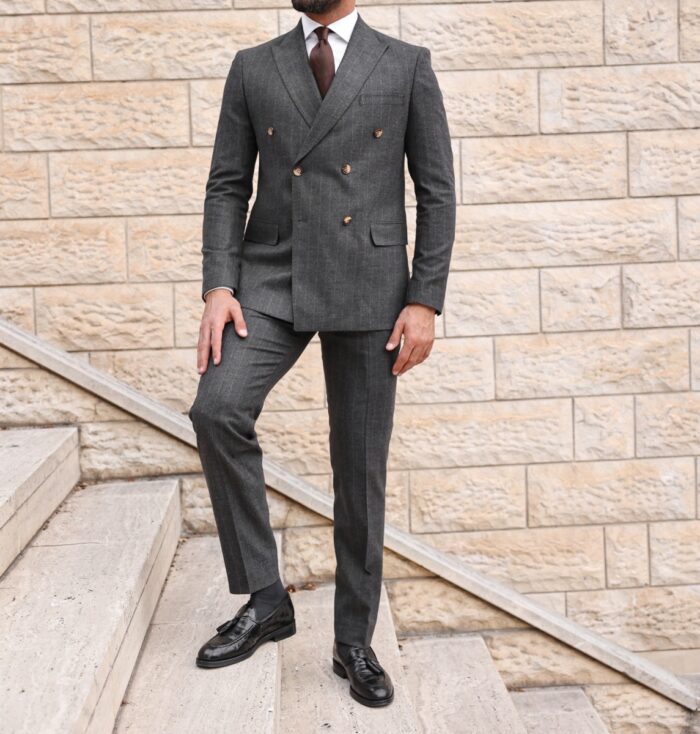 Ming Street Tailored slim fit dark grey with brown lines pinstripe men's double breasted suit with peak lapels