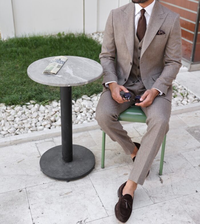 Sally Court Slim fit light brown herringbone men's three piece suit with peak lapels