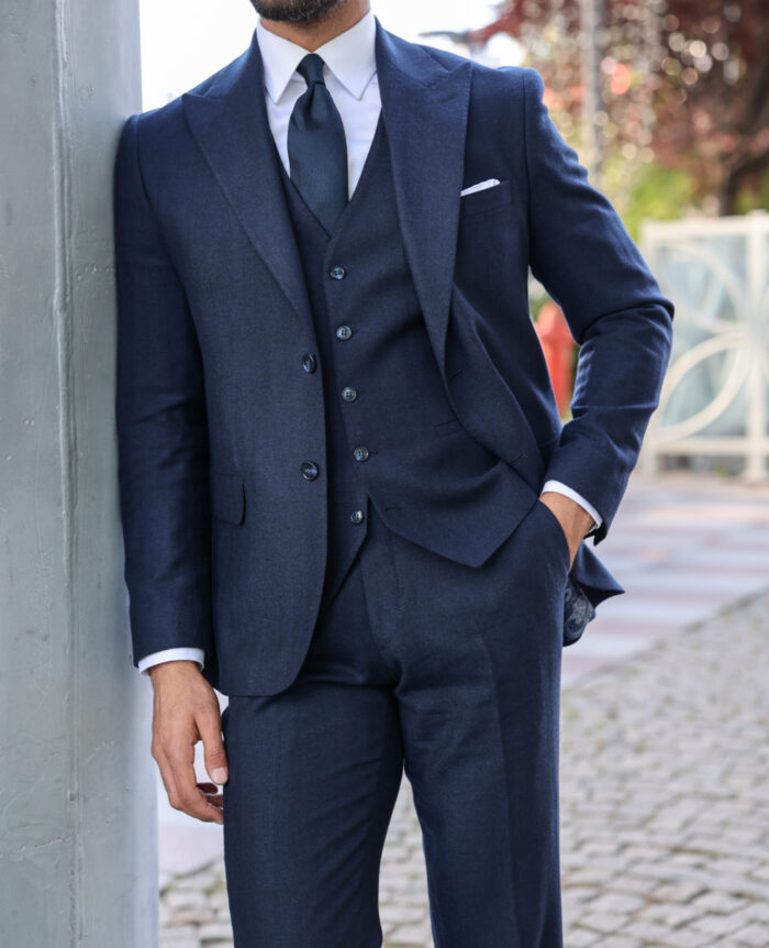 Gold Terrace Slim fit dark blue men’s three piece suit with peak lapels