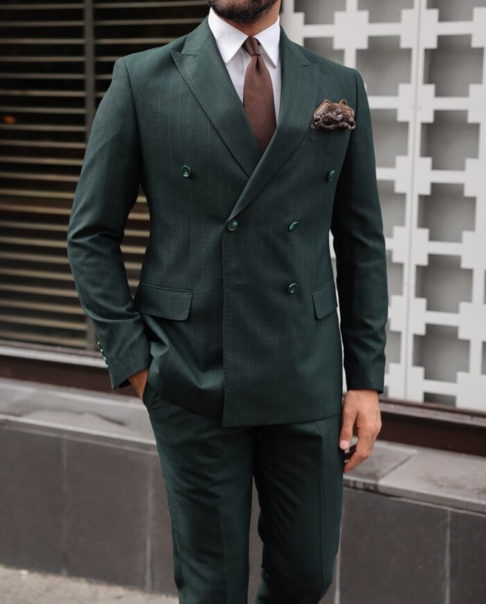 Rook Lane Tailored slim fit forest green double breasted pinstripe men's suit with peak lapels