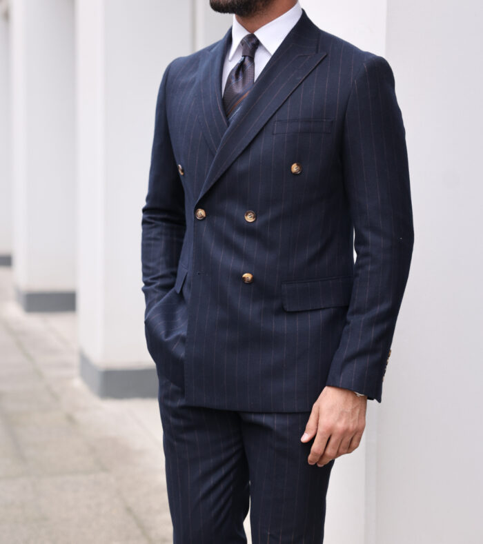 Hazel Wood TAILORED SLIM fit DARK NAVY BLUE  WITH BROWN pinstripe double BREASTED men's SUIT