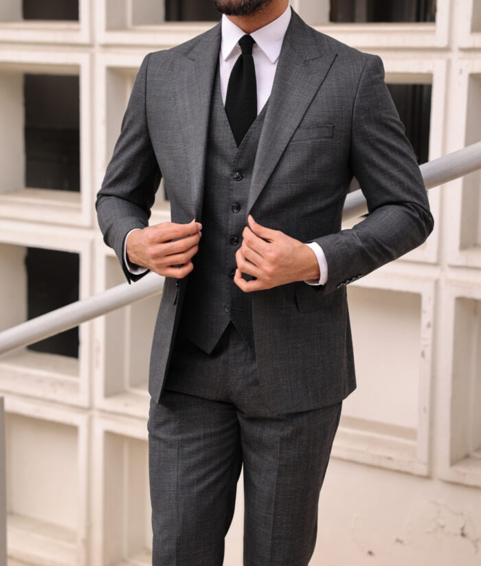 Brighton Road Slim fit grey men’s three piece suit with peak lapels