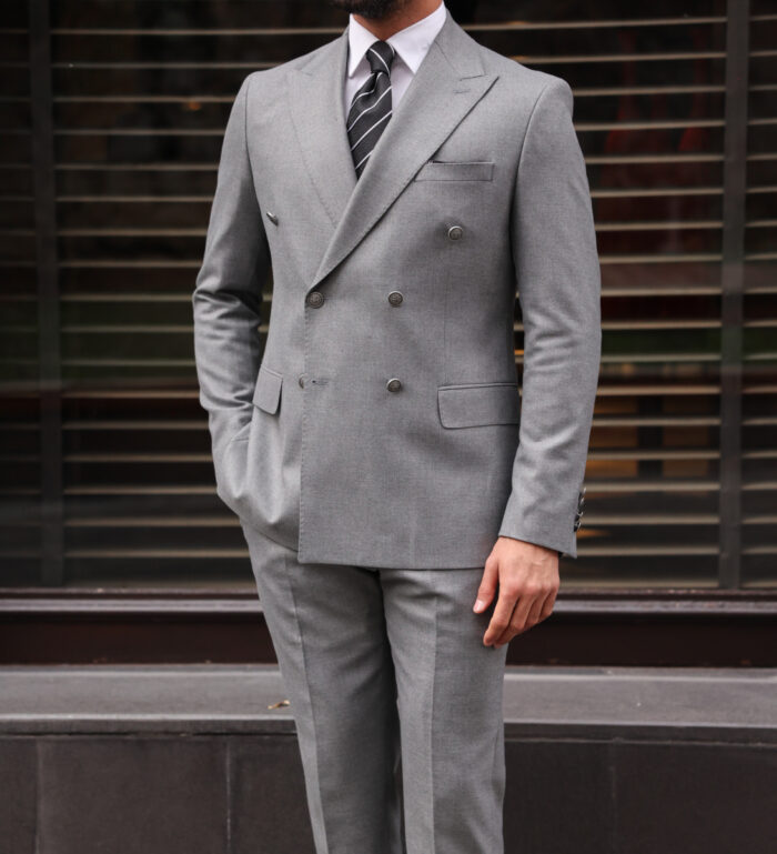 Petts Wood Tailored slim fit grey double breasted men's suit with peak lapels With decorative silver buttons